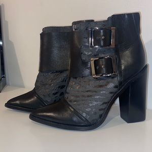 Tibi Embossed Pointed-Toe Leather Black Ankle Boots